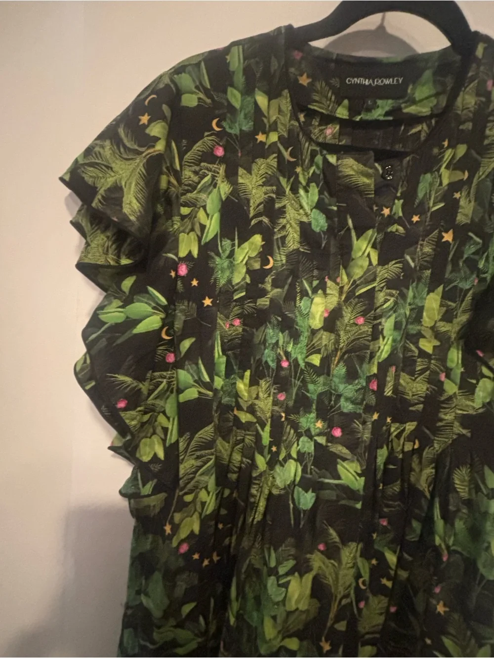 Cynthia Rowley Black Maxi Dress with Green Botanical Print and Pink Accents